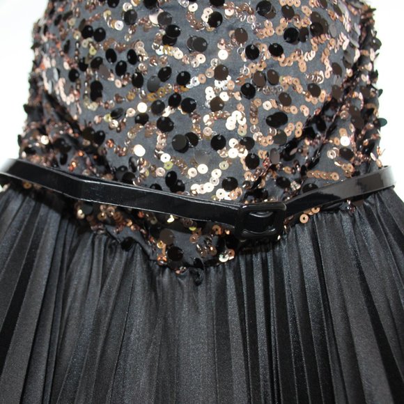 AS U WISH SEQUIN PLEATED MINI DRESS SZ M JRS BLACK GOLD BELT PARTY COCKTAIL PROM - Picture 7 of 14